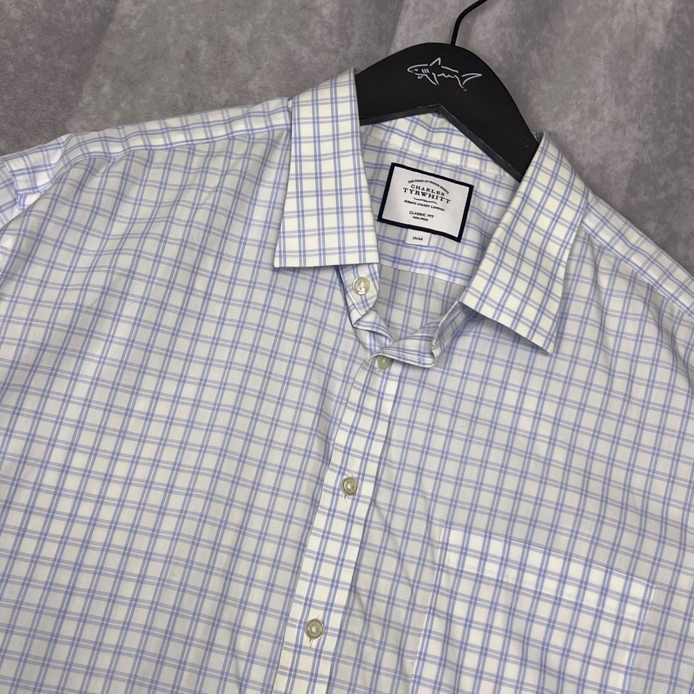 Charles Tyrwhitt Shirt Mens 17.5 Blue White Good Classic Fit Non-Iron Check SS